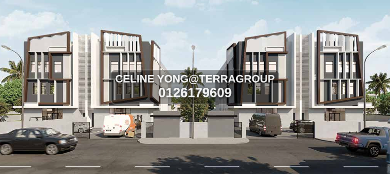 Entrance view of twin factory blocks with wide access road at Pulau Meranti Industrial Park.